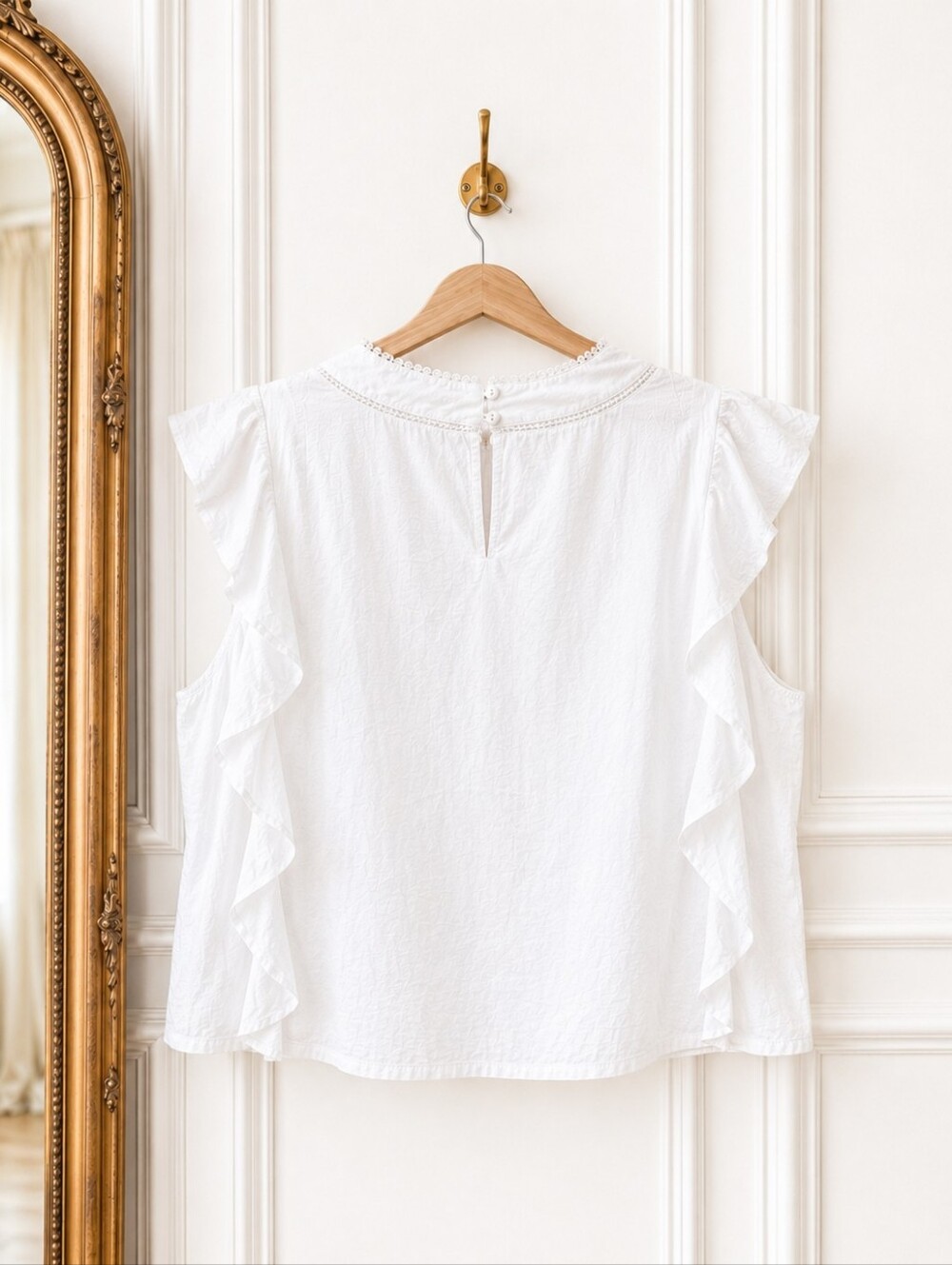 Jessica Simpson White Ruffle Blouse XL | 100% Cotton Flutter Sleeve Lace Trim - Picture 6 of 8
